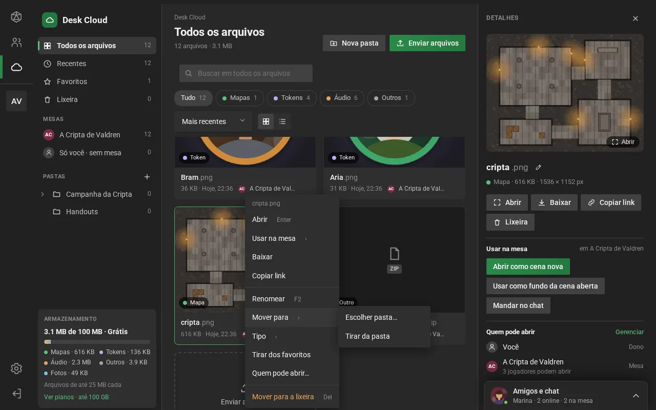 O menu do botão direito de um mapa, com o submenu Mover para aberto: as pastas usadas por último, Escolher pasta e Tirar da pasta.