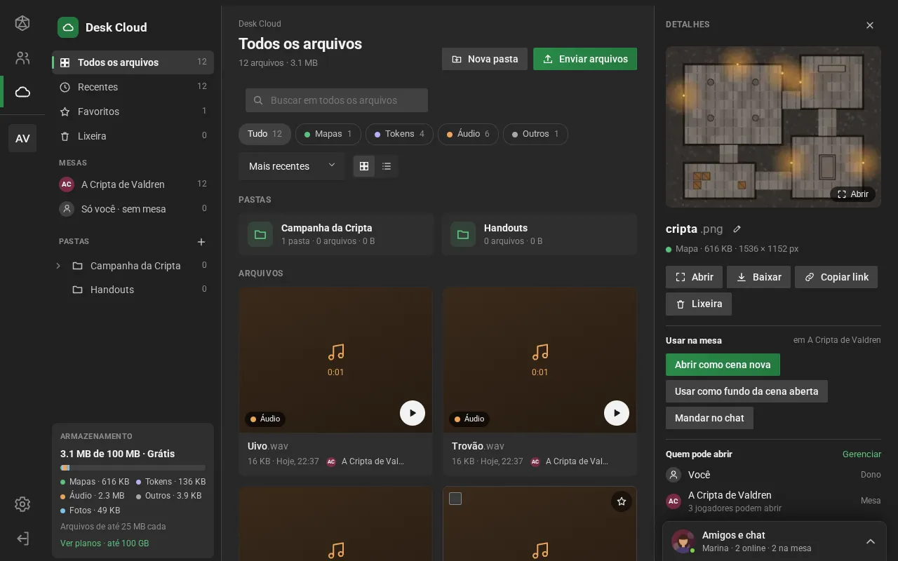 O Desk Cloud: à esquerda as visões, as mesas, as pastas e o espaço por tipo; no meio as pastas e os arquivos em cartões, com o tipo e as mesas de cada um; à direita os detalhes de um mapa, com Usar na mesa e Quem pode abrir.