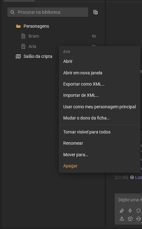 O menu da ficha Aria: abrir, abrir em nova janela, exportar e importar XML, usar como personagem principal, mudar o dono, tornar visível, renomear, mover e apagar.