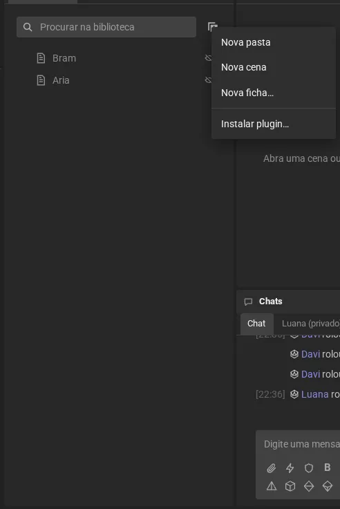 O menu Novo item do mestre: Nova pasta, Nova cena, Nova ficha… e Instalar plugin….