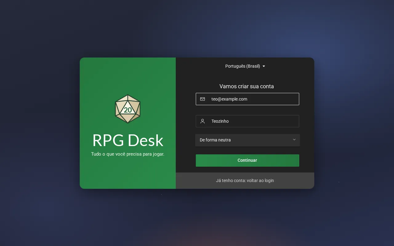 A primeira etapa do cadastro: e-mail, nome da conta e como se referir à pessoa, com o botão Continuar.