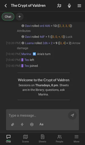 The room on a phone, on the Chat tab: the messages, the text box with the Send button and, at the bottom, the Chat, Scene, Sheets, People and More tabs.
