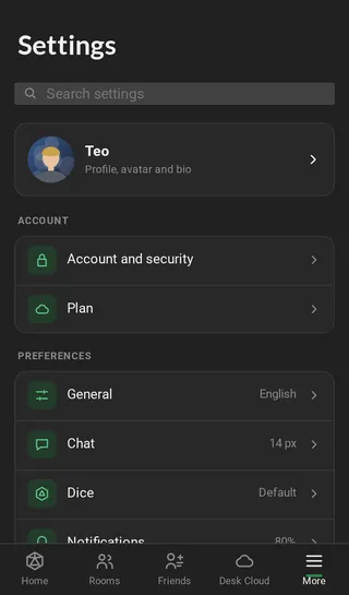 Settings on a phone: the title, the search, the profile card and the sections in blocks, each with its summary and arrow.
