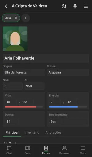 A aba Fichas no celular, com a ficha da Aria aberta.