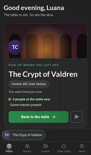 Home on a phone: the last room highlighted, with its cover on top, the Create room and Explore buttons, the strip with the open room and the bottom bar with Home, Rooms, Friends, Files and More.