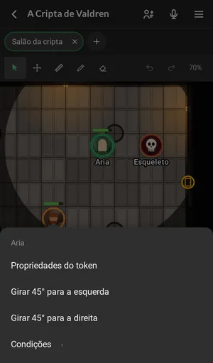 O menu do token da Aria, aberto segurando o dedo nele: Propriedades do token, os giros e Condições, saindo de baixo.