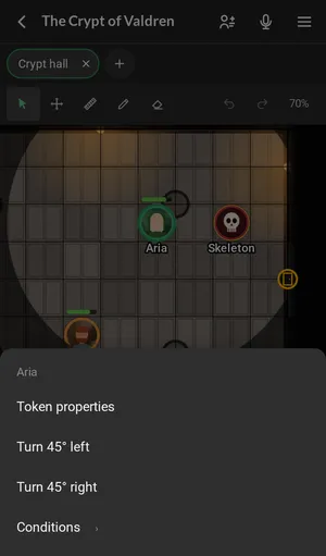 Aria's token menu, opened by holding a finger on it: Token properties, the turns and Conditions, coming up from the bottom.