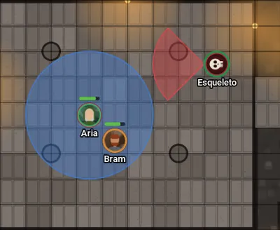 A Aria com uma aura azul em círculo, que pega também o Bram, e o esqueleto com um cone vermelho apontando para os dois.