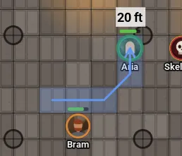 Aria being dragged: the path's cells marked in blue, the line with the arrow and the distance 20 ft above the token.