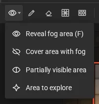 The fog tools menu with vision on: reveal, cover, partially visible area and area to explore.