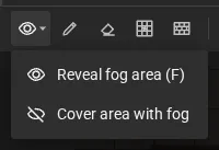 The fog tools menu, with Reveal fog area and Cover area with fog.