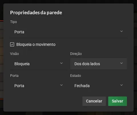 As propriedades da parede: tipo Porta, bloqueia o movimento, visão Bloqueia, direção Dos dois lados, porta Porta e estado Fechada.