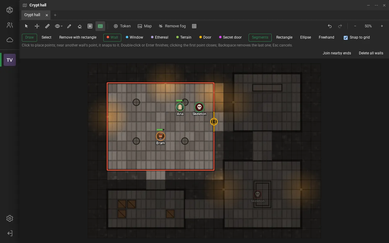 The Walls tool: the options bar with Draw, Select, Remove with rectangle, the wall types and shapes, and the hall's walls in red with a yellow door on the east wall.
