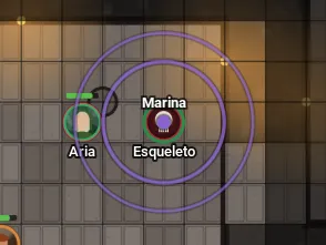 O ping da mestra sobre o esqueleto: ondas roxas em volta do ponto e o nome Marina.