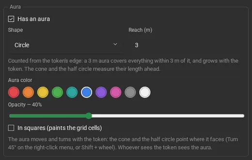 The Aura section of the token properties: Has an aura checked, Circle shape, 3 m reach, the blue color, opacity at 40% and the In squares option.