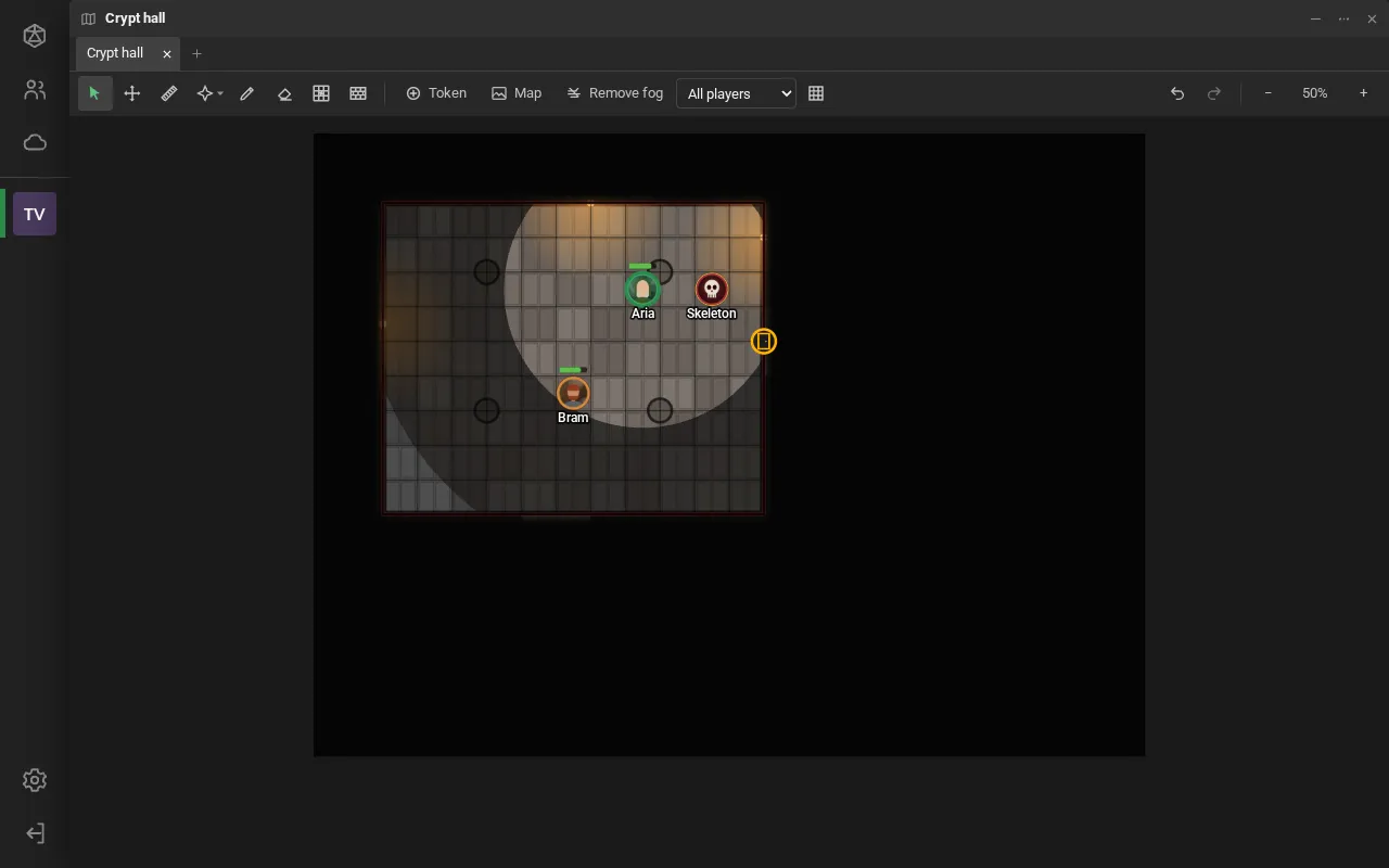 The game master viewing the scene as All players: only what their tokens see shows up; the rest stays dark.
