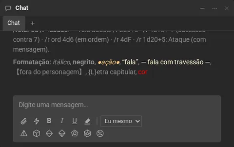 O resultado do /ajuda no chat: a lista dos comandos, de /ajuda a /rolar, cada um com o que faz, e as marcações de formatação.