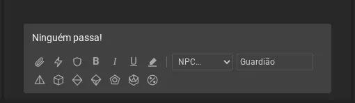 A caixa de mensagem com as ferramentas: enviar arquivo, macros, negrito, itálico, sublinhado, cor, o seletor Falar como em NPC com o nome Guardião, e a fila de dados rápidos.