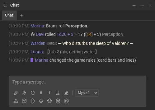 The room chat: the welcome message, the notices of who joined, the narration in italics, an action, a quoted line, a Perception roll and an NPC's line.