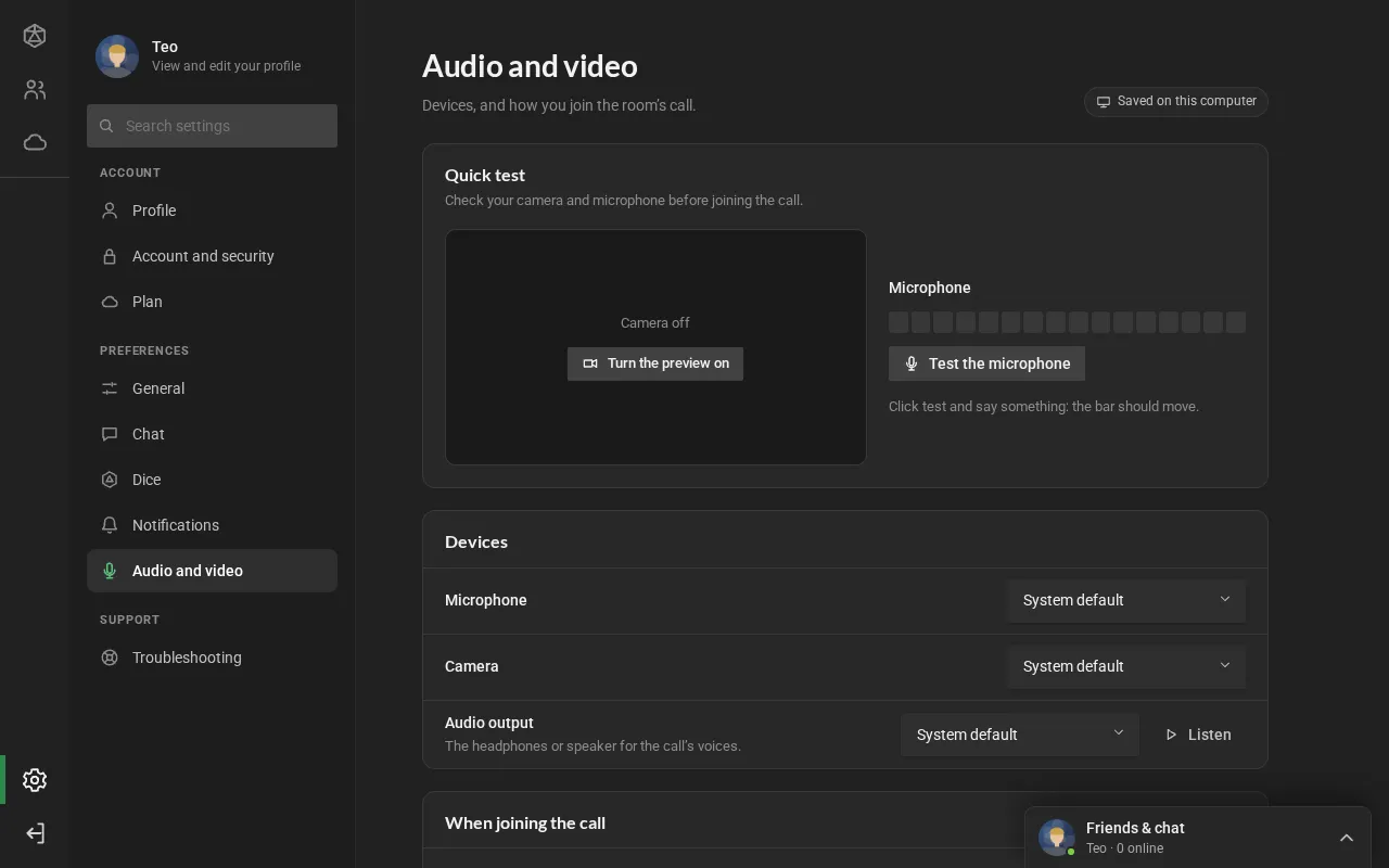 The Audio and video section: the quick test with the camera preview and the microphone bar, the devices (microphone, camera and audio output) and the options for joining the call.