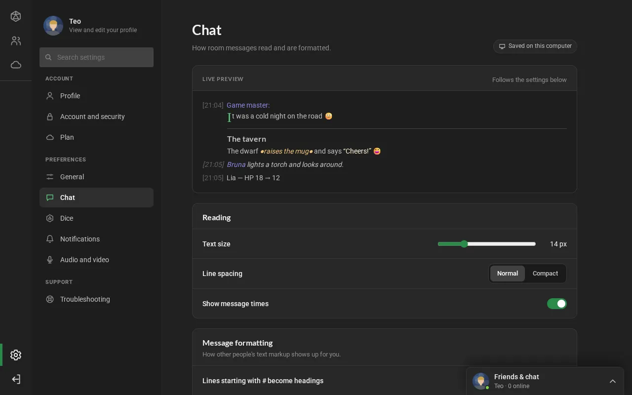 The Chat section: the live preview with two sample lines, the text size, the line spacing and the message times.