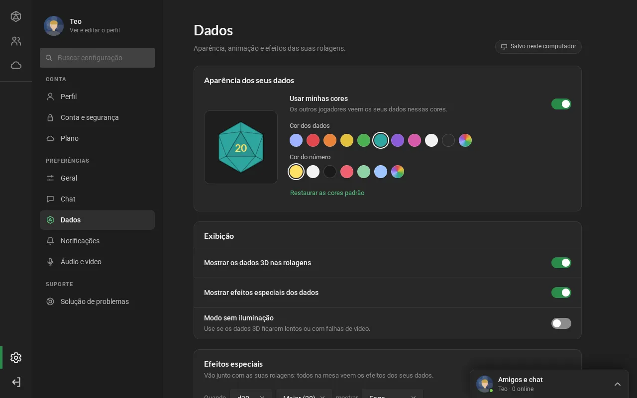 Configurações → Dados: a prévia do d20 com as cores dos dados e do número, a exibição e a regra de efeito d20, Maior (20), Fogo, com os botões Testar e Adicionar efeito.