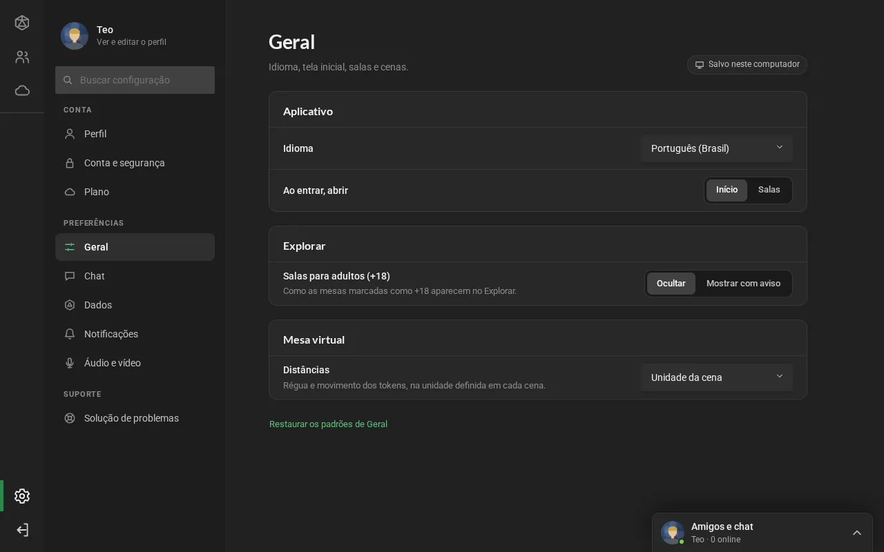 As Configurações na seção Geral: à esquerda, o seu cartão, a busca e as seções em três grupos; à direita, o idioma, a página inicial, as salas para adultos e as distâncias, cada uma numa linha.