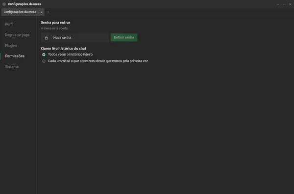 A página Permissões: o cartão Entrada, com a senha para entrar, o campo Nova senha e o botão Definir senha, e o cartão Chat, com quem lê o histórico.