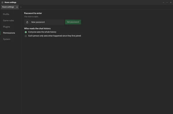 The Permissions page: the Entry card, with the password to enter, the New password field and the Set password button, and the Chat card, with who reads the history.