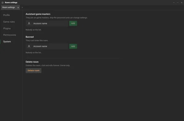 The System page: the Assistant game masters and Banned cards, each with the Account name field and the Add button, and the Danger zone with Delete room.