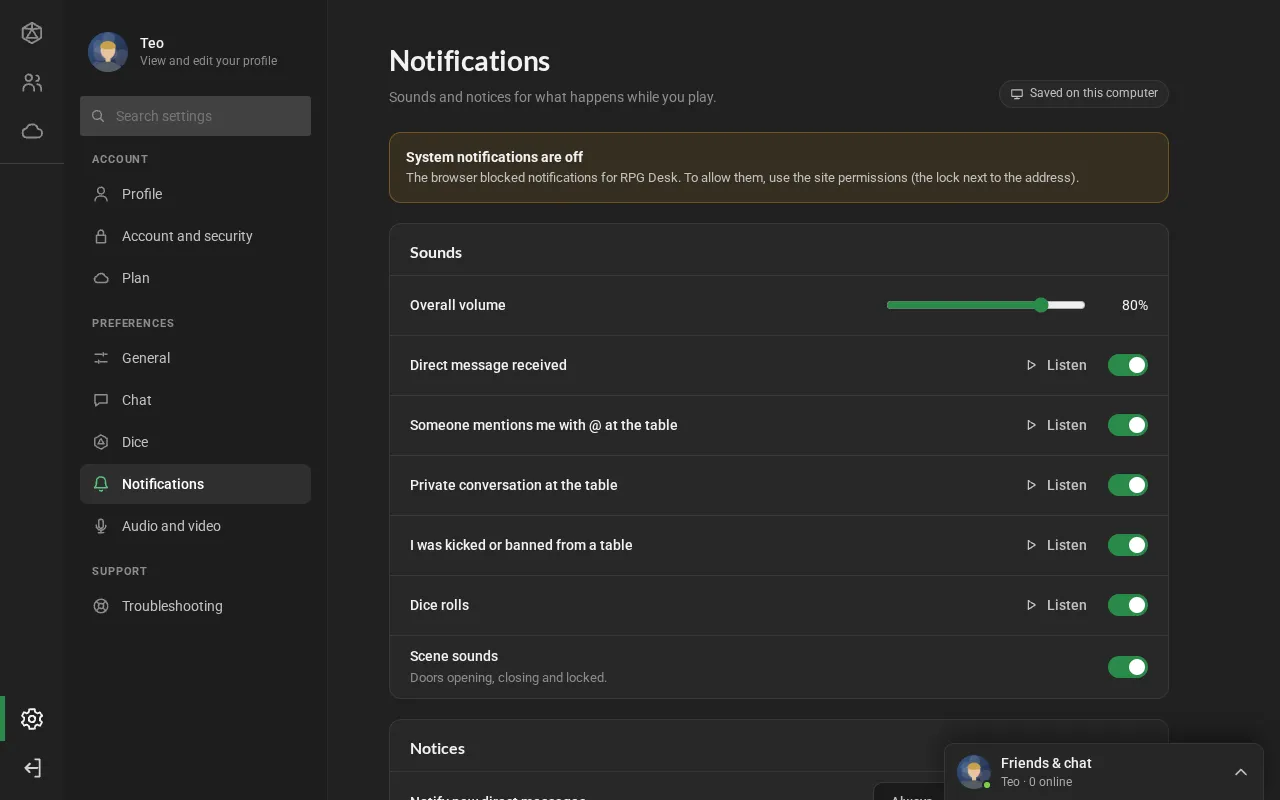 The Notifications section: the overall volume, the sounds with Listen and a switch each, and the direct message notices.