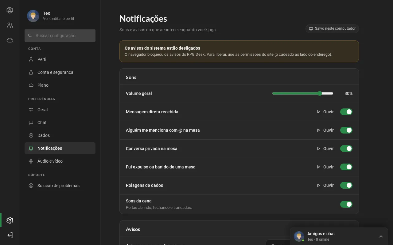 A seção Notificações: o volume geral, os sons com Ouvir e uma chave cada, e os avisos de mensagem direta.