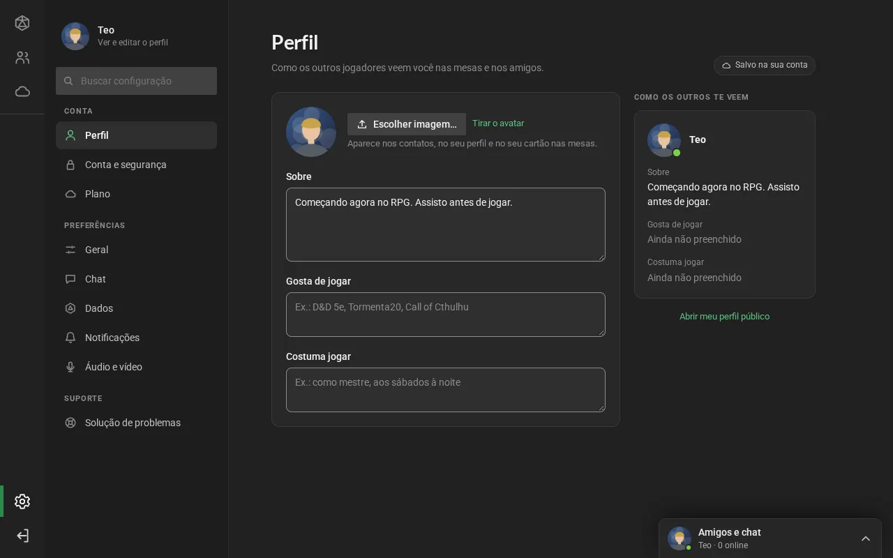 A seção Perfil das Configurações, com a foto, o botão para escolher outra, os campos Sobre, Gosta de jogar e Costuma jogar e a prévia de como os outros veem.