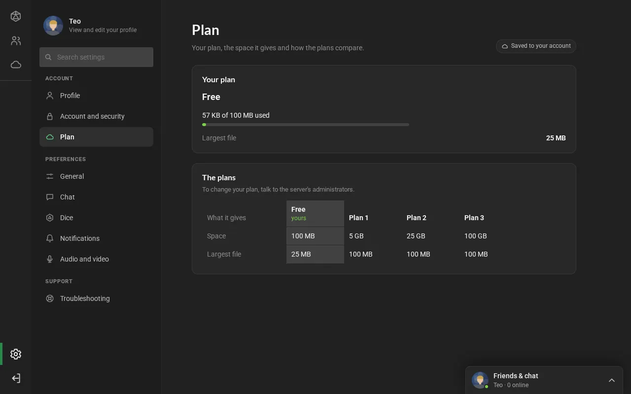 The Plan page in Settings: the account's plan, the space used, the largest file and the table of the four plans, with the account's one highlighted.