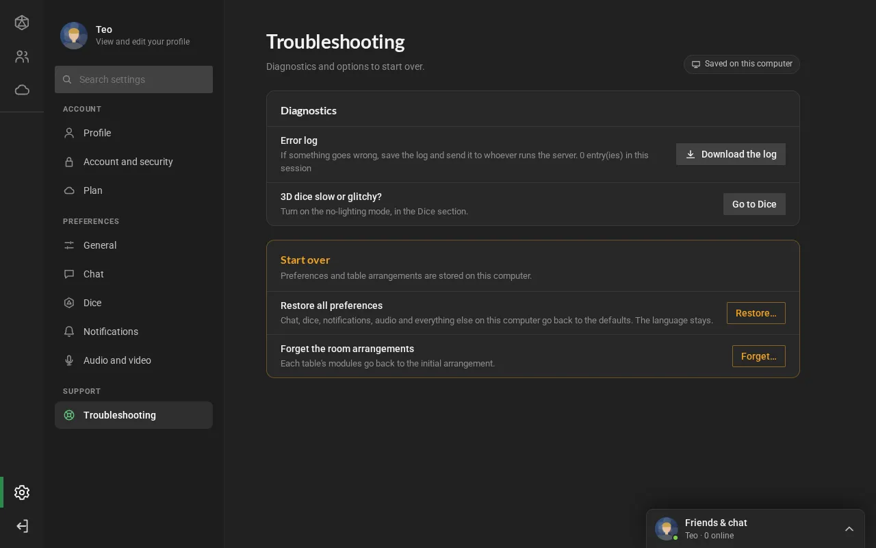 The Troubleshooting section: the error log with Download the log, the shortcut for slow 3D dice and, in Start over, restore all preferences and forget the room arrangements.