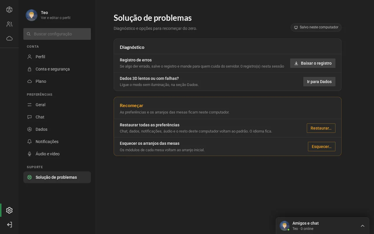 A seção Solução de problemas: o registro de erros com Baixar o registro, o atalho para os dados 3D lentos e, em Recomeçar, restaurar todas as preferências e esquecer os arranjos das mesas.