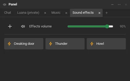 The sound effects board with three effects: creaking door, thunder and howl, and the effects volume.