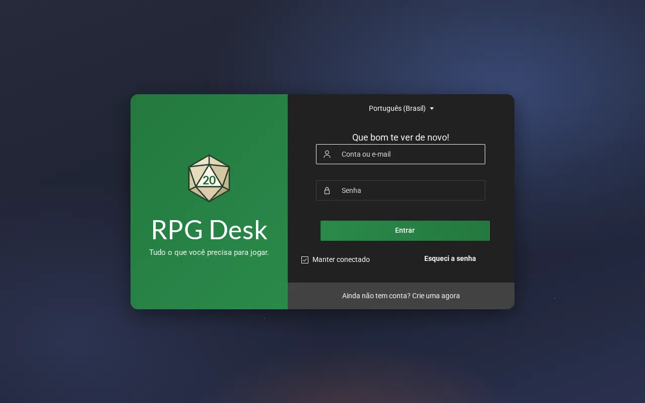 A tela de entrada do RPG Desk, com os campos de conta e senha, a opção Manter conectado e o link para criar conta.