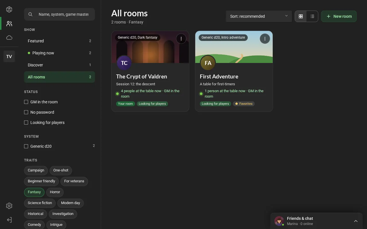 All rooms with the Fantasy trait ticked: the filter column, with Fantasy in green, and the rooms found.