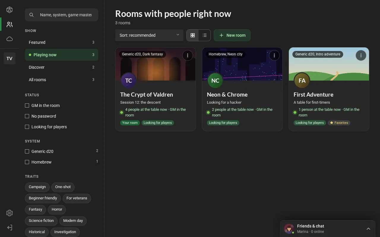 Explore on the Playing now list: the filter column on the left and, on the right, room cards with a cover, the system, who is at the table and badges such as Looking for players.
