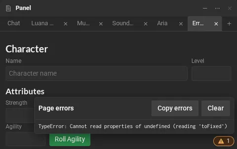 A sheet with the Page errors panel open, showing a TypeError, and the Copy errors and Clear buttons.