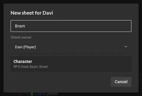 The New sheet for Davi dialog: the name Bram, the owner Davi (Player) and the system Character, from the RPG Desk Basic Sheet.
