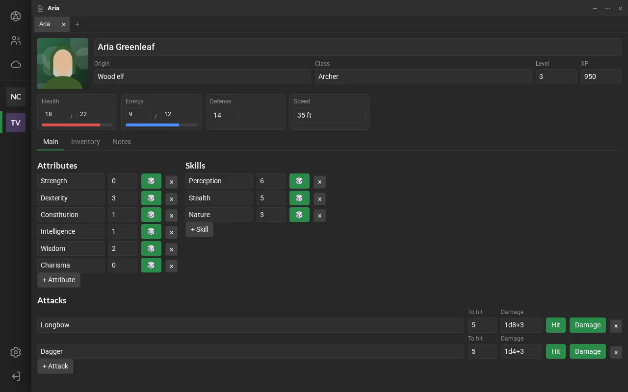 Aria's sheet open in a tab of the room: portrait, name, origin, class, health and energy, defense, speed and the attribute list with the roll buttons.