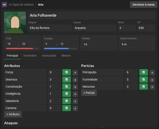A ficha de Aria numa janela própria, com as iniciais e o nome da mesa no alto, a faixa de abas com a ficha e o +, e o botão Devolver à mesa.