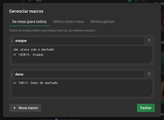 O gerenciador de macros na aba Da mesa, com as macros ataque e dano e as linhas de cada uma.