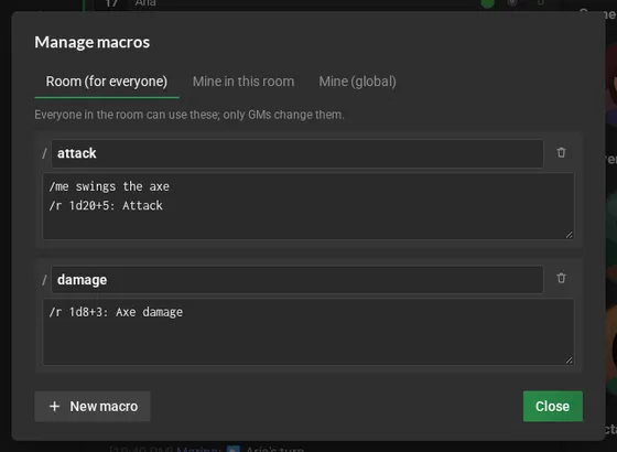 The macro manager on the Room tab, with the attack and damage macros and the lines of each one.