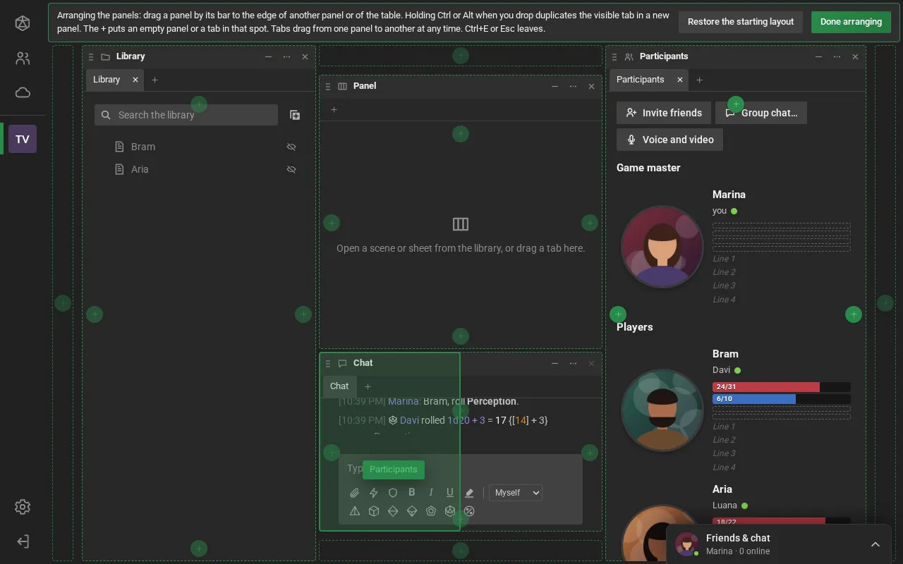 The room in layout editing: at the top, the strip with Restore the starting layout and Done arranging; the spaces with a dashed outline and + buttons on their edges; the Participants space being dragged by the empty part of its tab strip, with the left half of the Chat space highlighted.