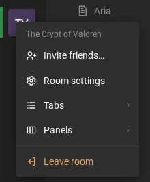 The room menu, opened from its icon in the bar on the left: the room's name, Invite friends, Room settings, Tabs and, last, Leave room.