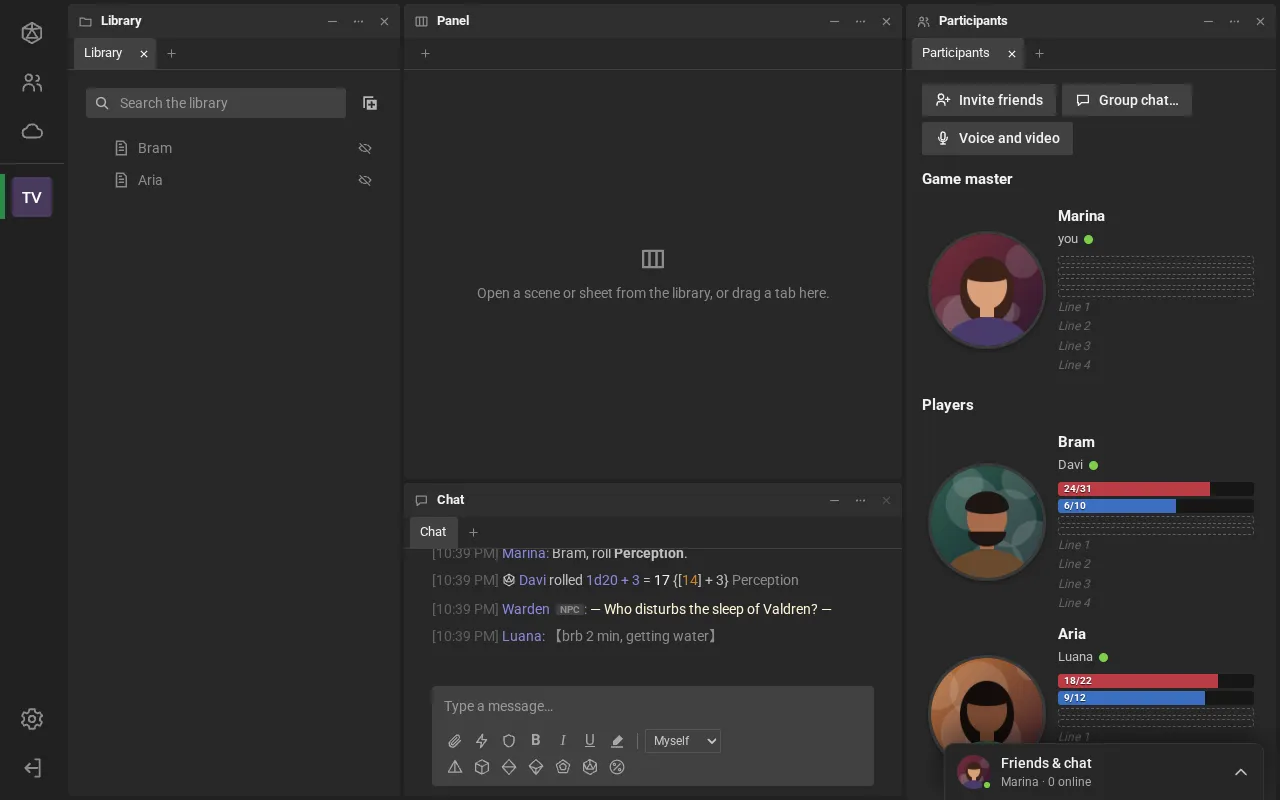 The room: the Library on the left, an empty space with the hint to open a scene or sheet, the Chat and the Participants, each space with its tab strip at the top. On the left, in the RPG Desk bar, the room's icon.
