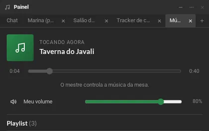 A música como a jogadora vê: a faixa que está tocando, a posição, a nota de que o mestre controla a música, o volume pessoal e a playlist.